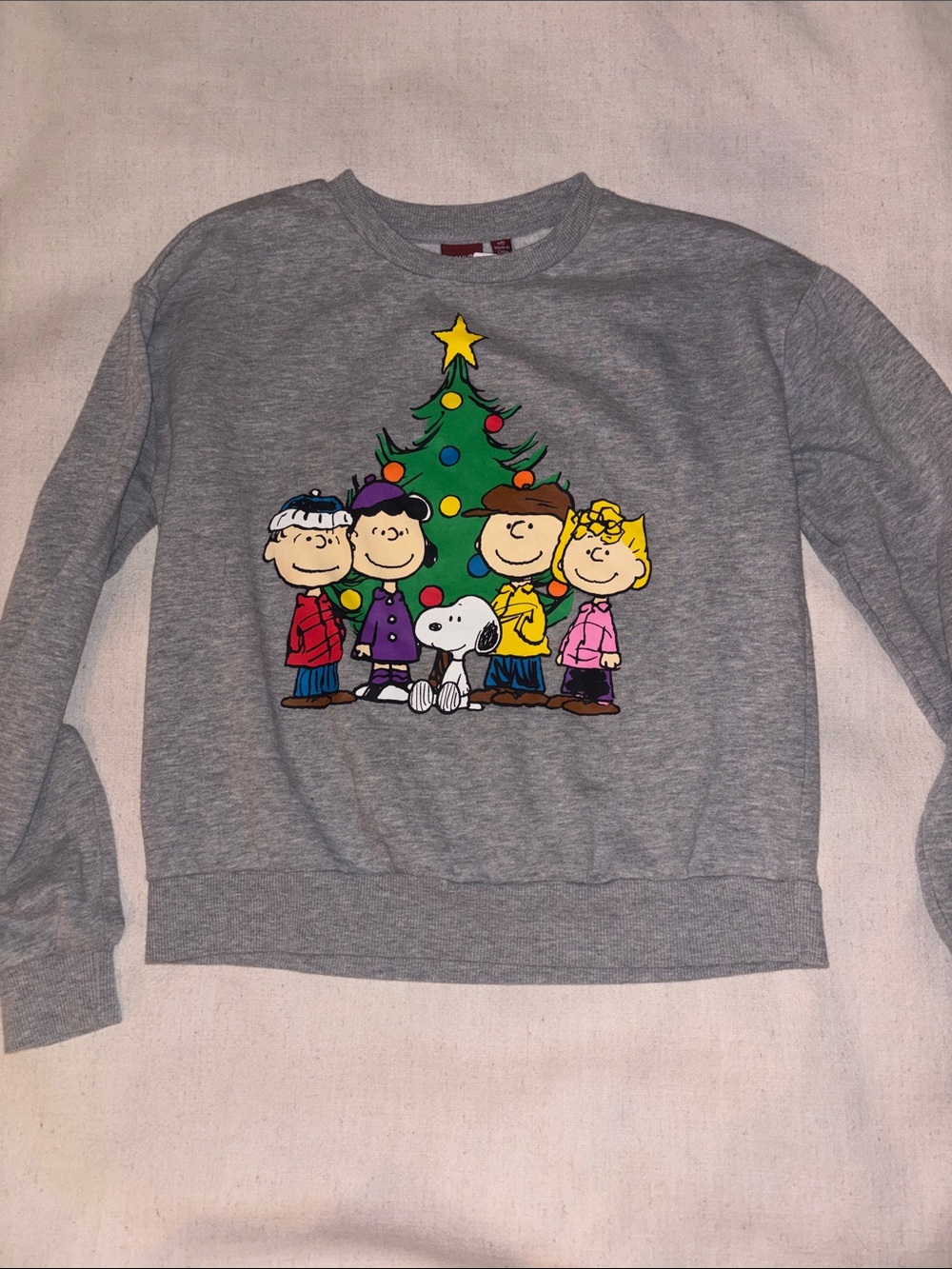 Peanuts Gray Holiday Crewneck Sweatshirt with Tree Graphic